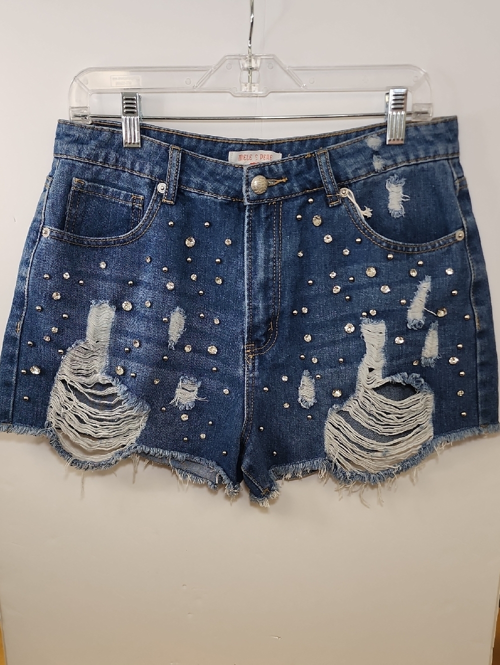 Mele E Pere Distressed Denim Shorts Studded Blue NWT Size Large